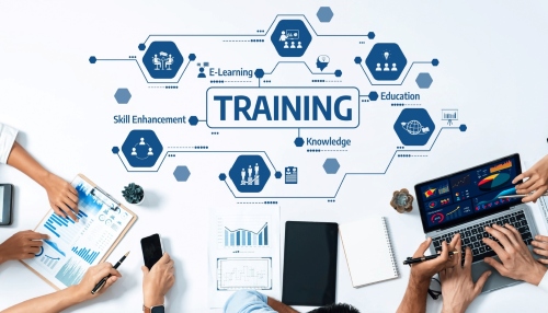 5 people's hands working on laptops and charts with a background graphic with hexagon symbols for people working and organizational structure and text that reads "training"