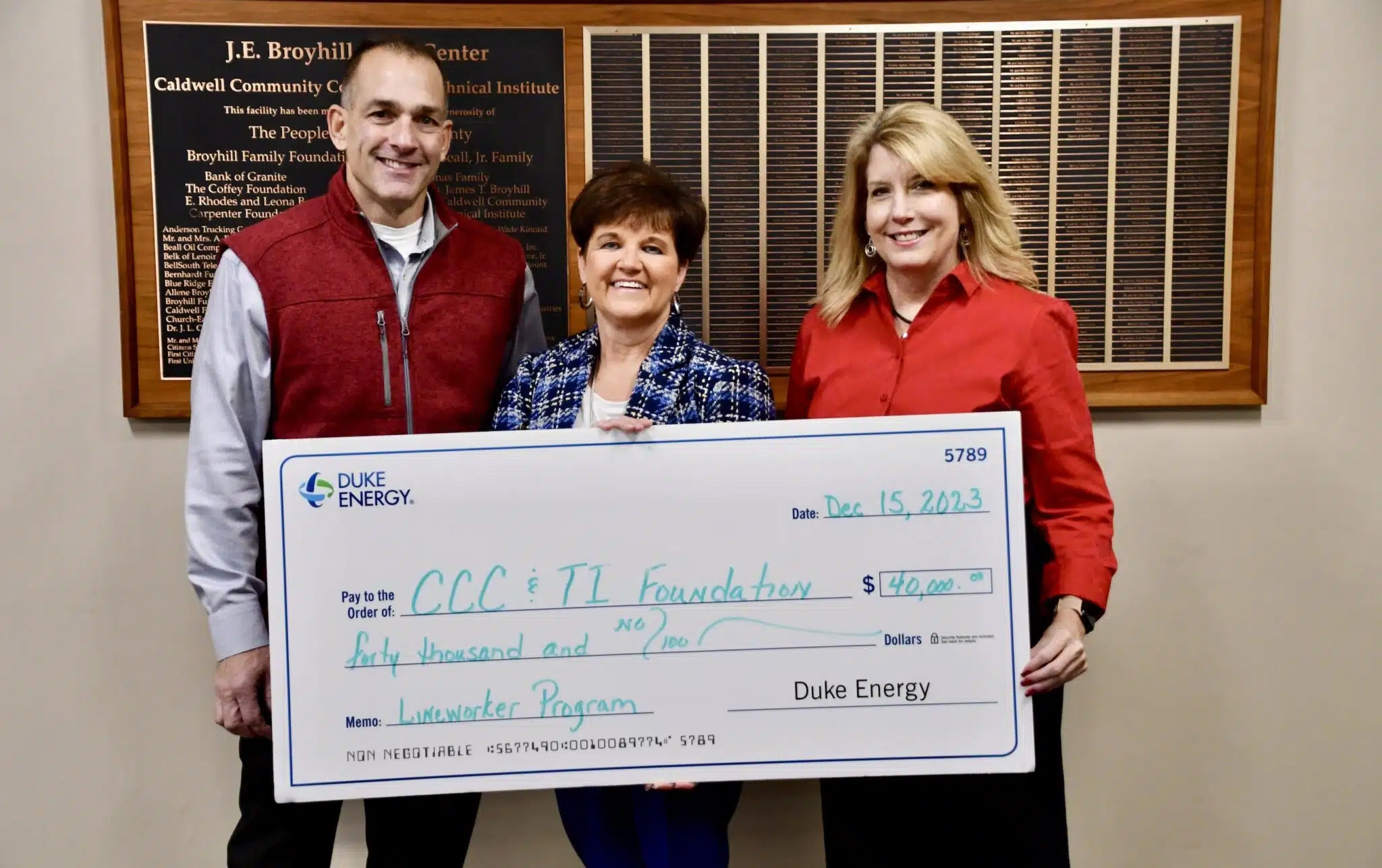 CCC&TI Receives $40K from Duke Energy Foundation for Workforce Development Photo